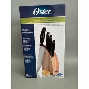 New Oster 5-Piece Stainless Steel Cutlery Knife Set with Half Moon Natural Wood